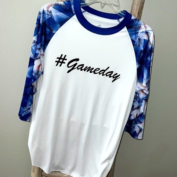 adidas White and Blue Baseball Print Raglan Tee - Picture 1 of 5